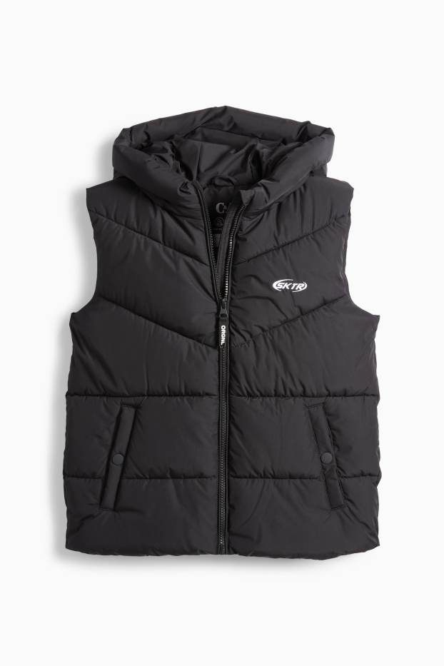 Děti - chlapci - Prošívaná vesta s kapucí - z vodoodpudivého materiálu - černá