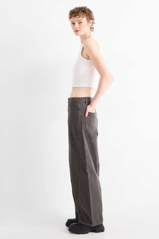 Femmes - Pantalon de velours côtelé - mid waist - barrel leg - gris foncé