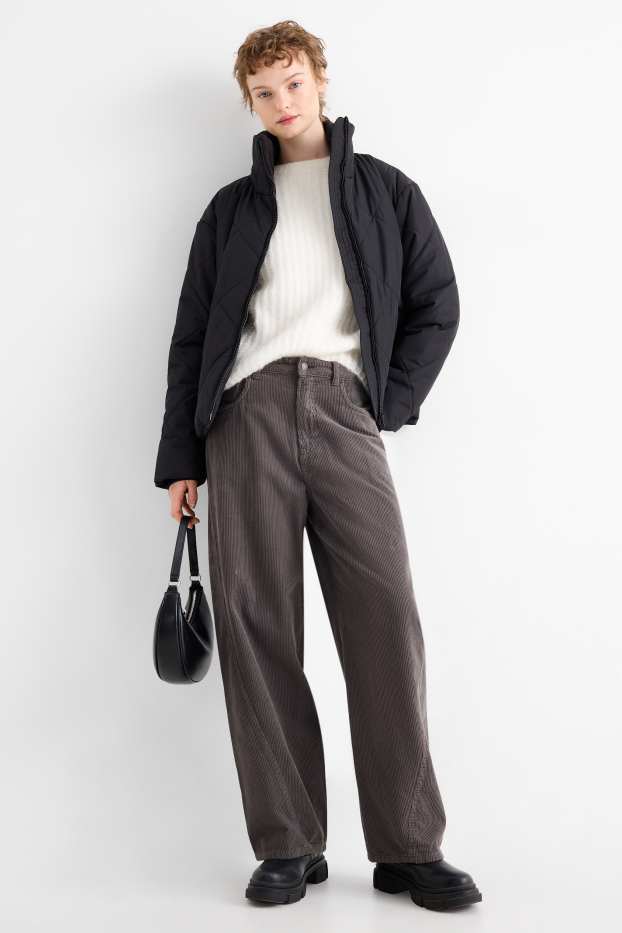 Femmes - Pantalon de velours côtelé - mid waist - barrel leg - gris foncé