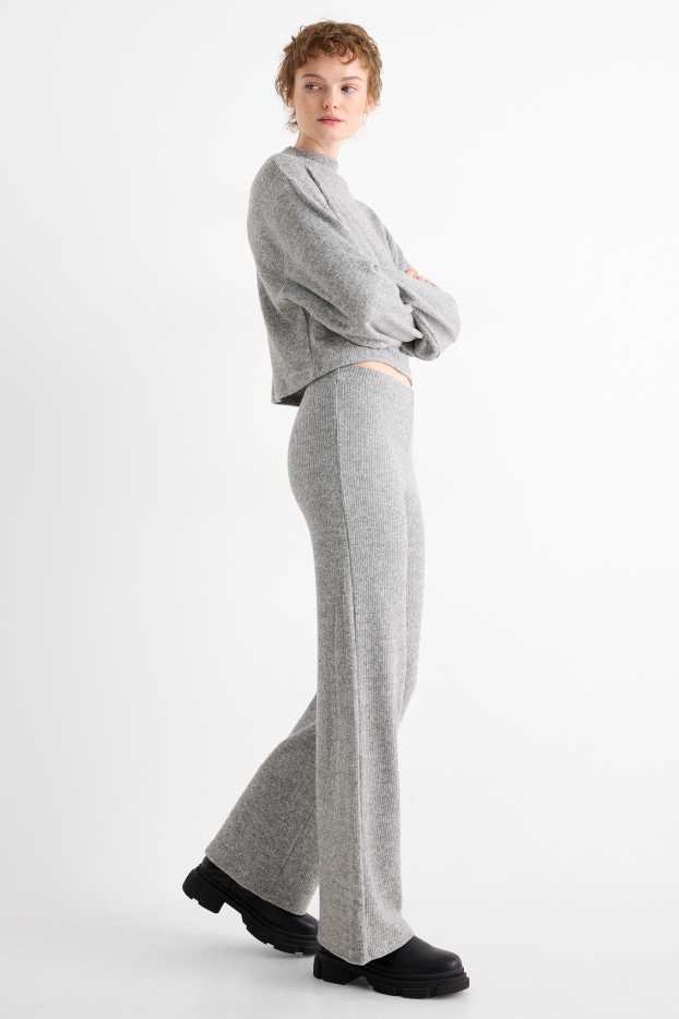 Femmes - Pantalon de jogging en maille - côtelé - gris clair chiné