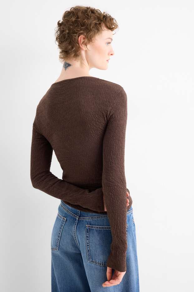 Women - Long sleeve top - slim fit - texture - dark brown
