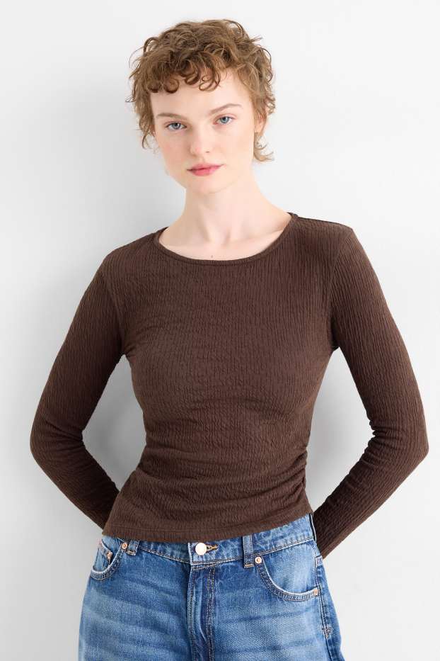 Women - Long sleeve top - slim fit - texture - dark brown