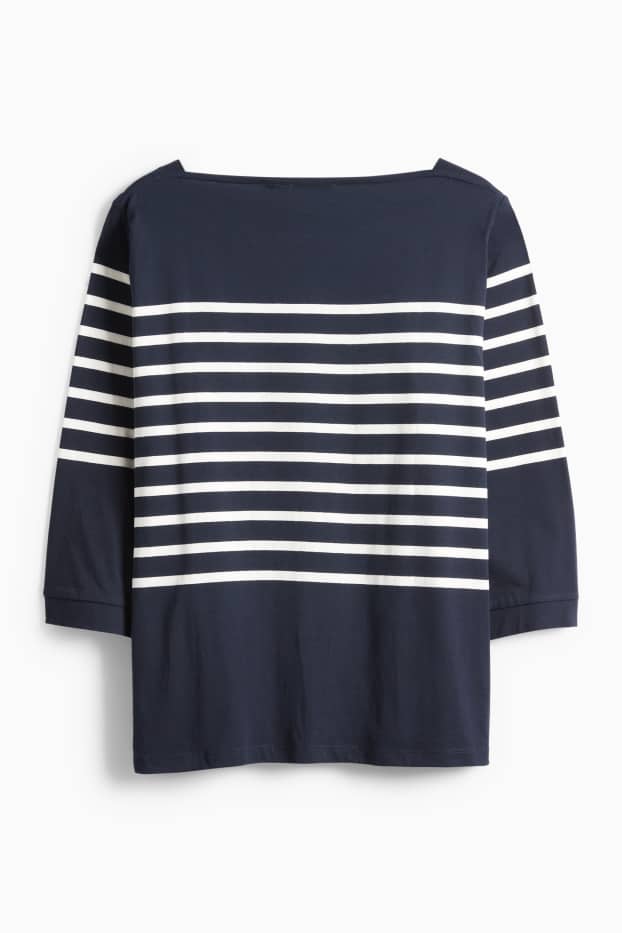 Dámské - Tričko s dlouhým rukávem basic - regular fit - pruhované - tmavomodrá/bílá