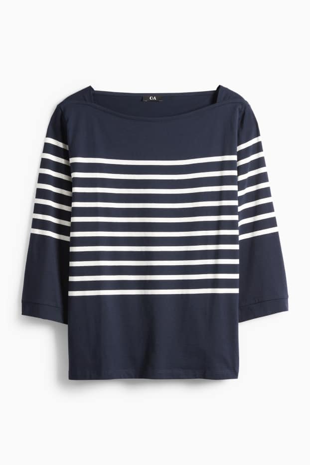 Dámské - Tričko s dlouhým rukávem basic - regular fit - pruhované - tmavomodrá/bílá