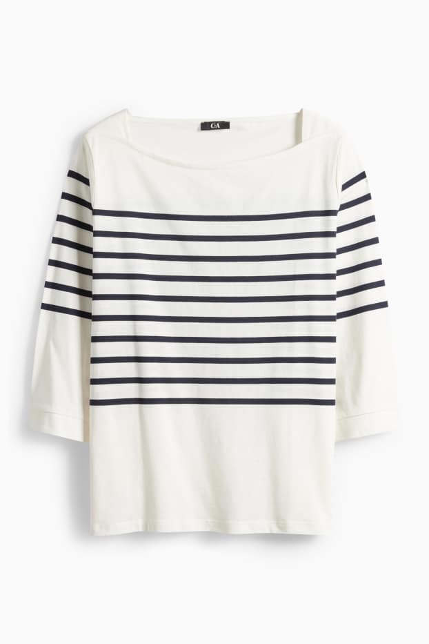 Dames - Basic longsleeve - regular fit - gestreept - donkerblauw / crème wit