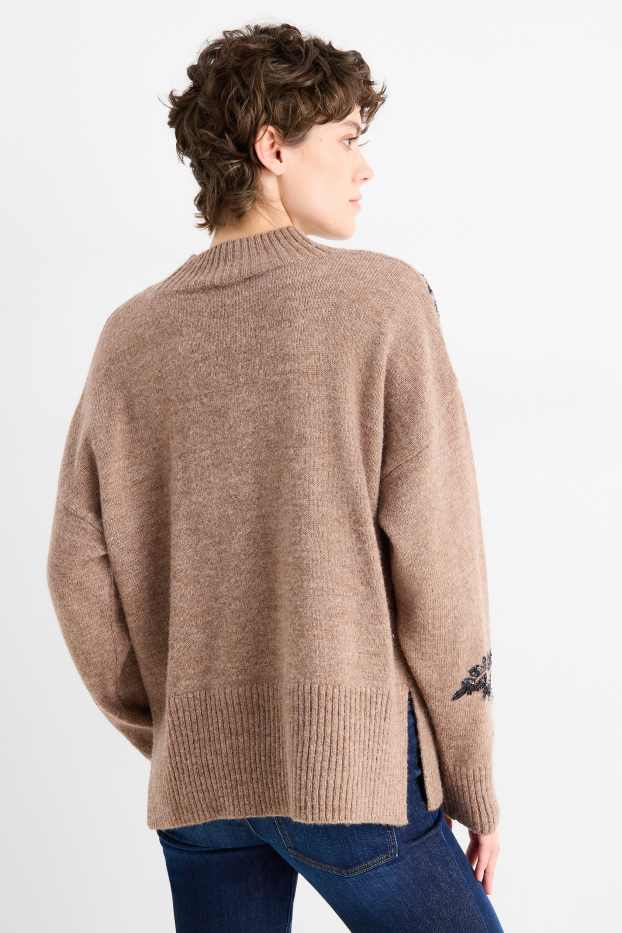 Femei - Pulover - aspect lucios - cu flori - maro