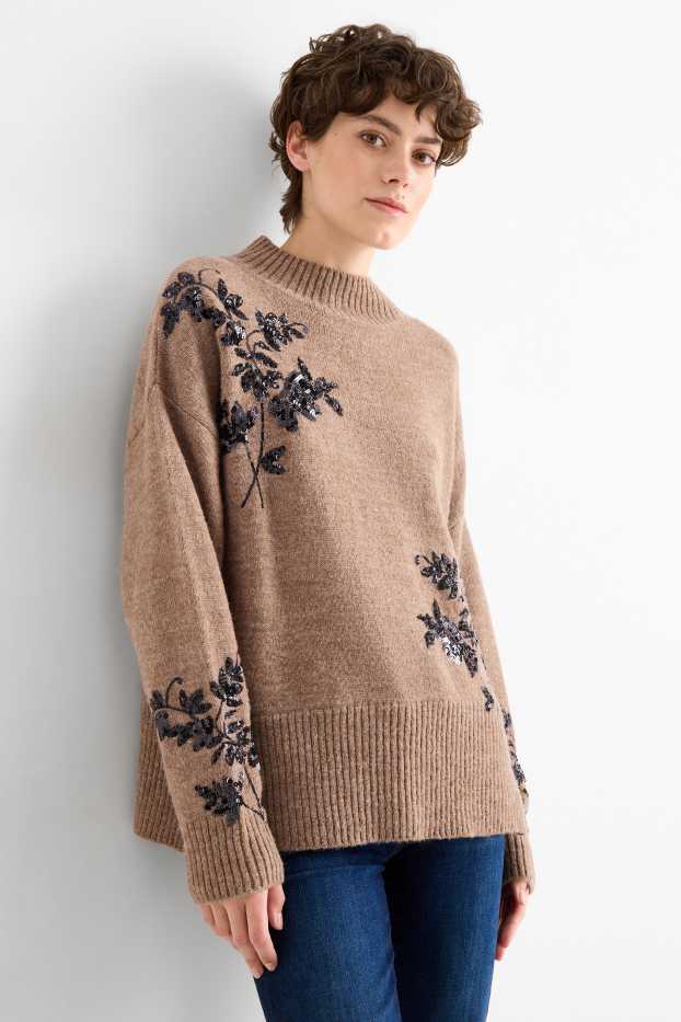 Femei - Pulover - aspect lucios - cu flori - maro