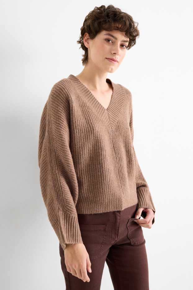 Dames - Trui met V-hals - geribd - lichtbruin
