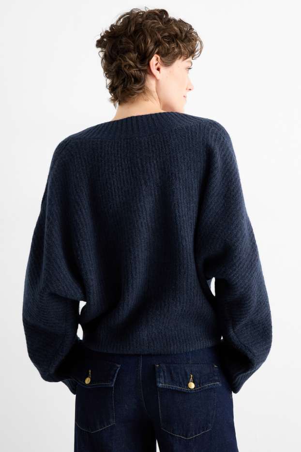 Women - V-neck jumper - ribbed - dark blue