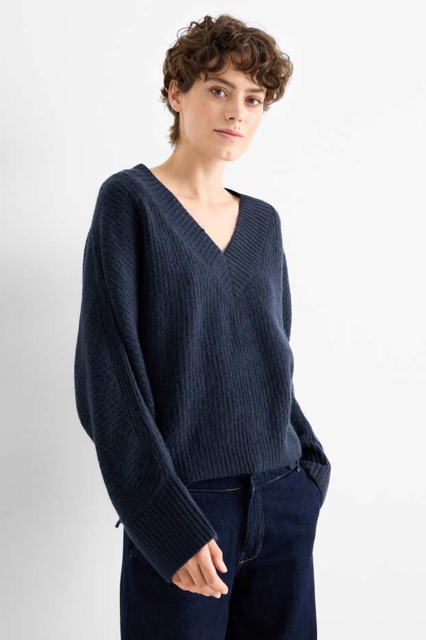 Women - V-neck jumper - ribbed - dark blue