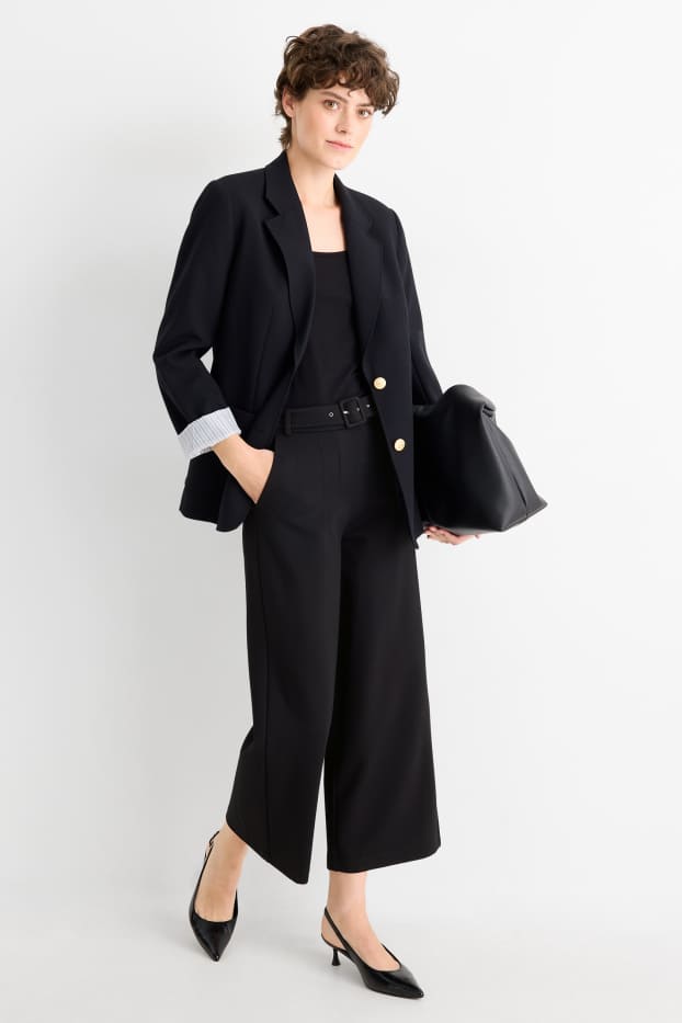 Dámské - Žerzejové kalhoty s páskem - high waist - wide leg - černá