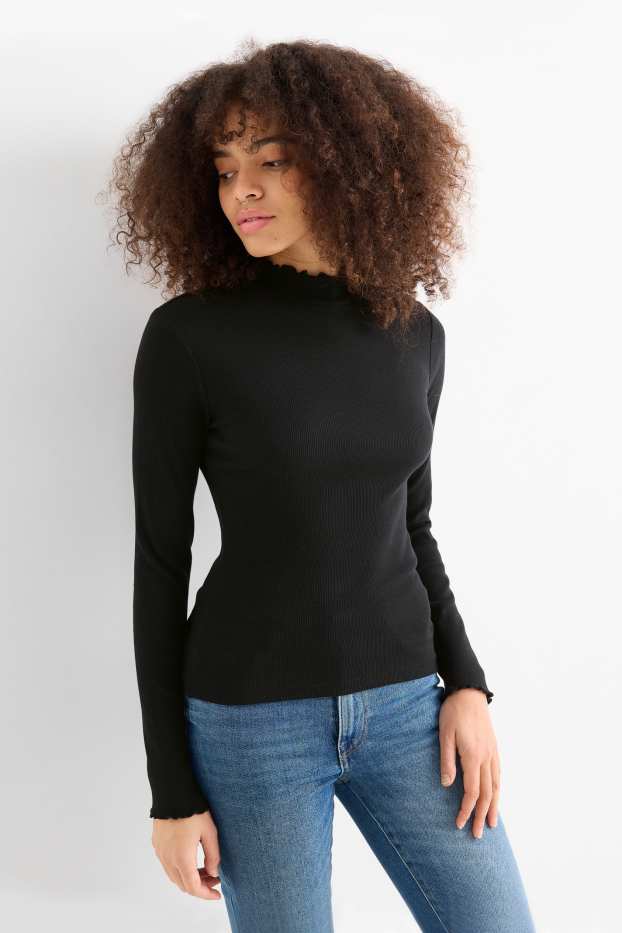 Dona - Samarreta de màniga llarga - slim fit - acanalada - negre