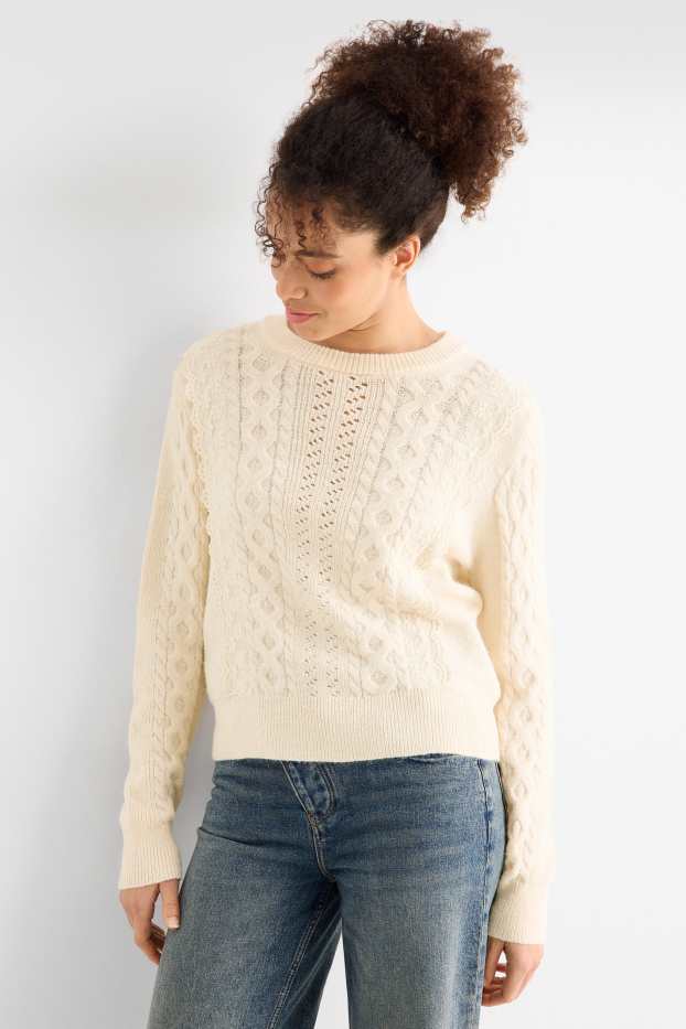 Femmes - Pull - motif tressé - blanc crème