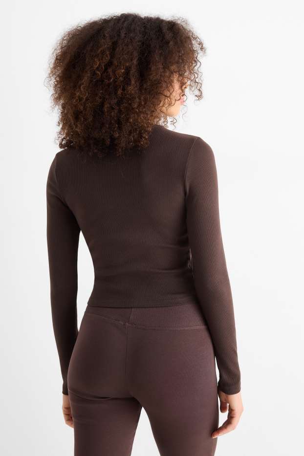 Dames - Korte longsleeve - geribd - donkerbruin