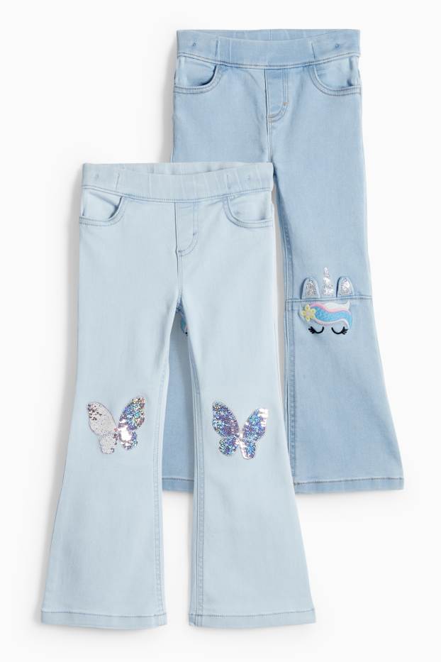 Děti - dívky - Multipack 2 ks - motýli a jednorožci - flared jeans - džíny - světle modré