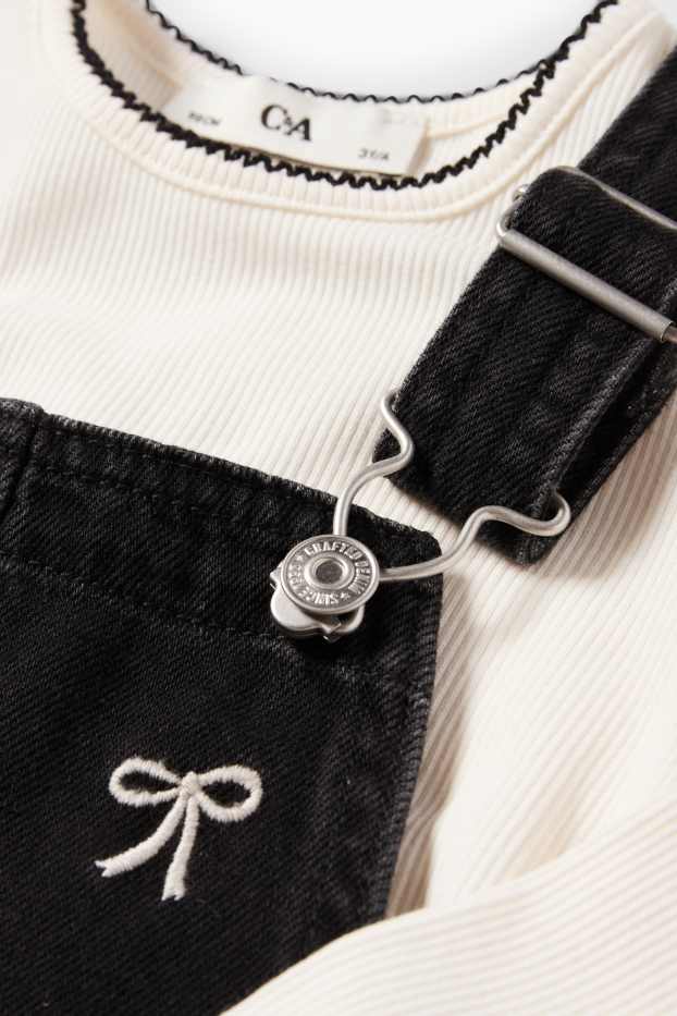 Copii - Fete - Fundă - set - tricou cu mânecă lungă și rochie-salopetă din denim - 2 piese - alb / negru