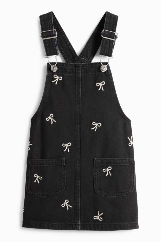 Copii - Fete - Fundă - set - tricou cu mânecă lungă și rochie-salopetă din denim - 2 piese - alb / negru