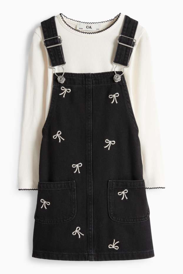 Copii - Fete - Fundă - set - tricou cu mânecă lungă și rochie-salopetă din denim - 2 piese - alb / negru