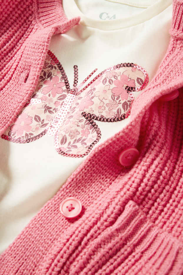 Kinderen: meisjes - Vlinder - set - T-shirt en vest - wit / fuchsiarood