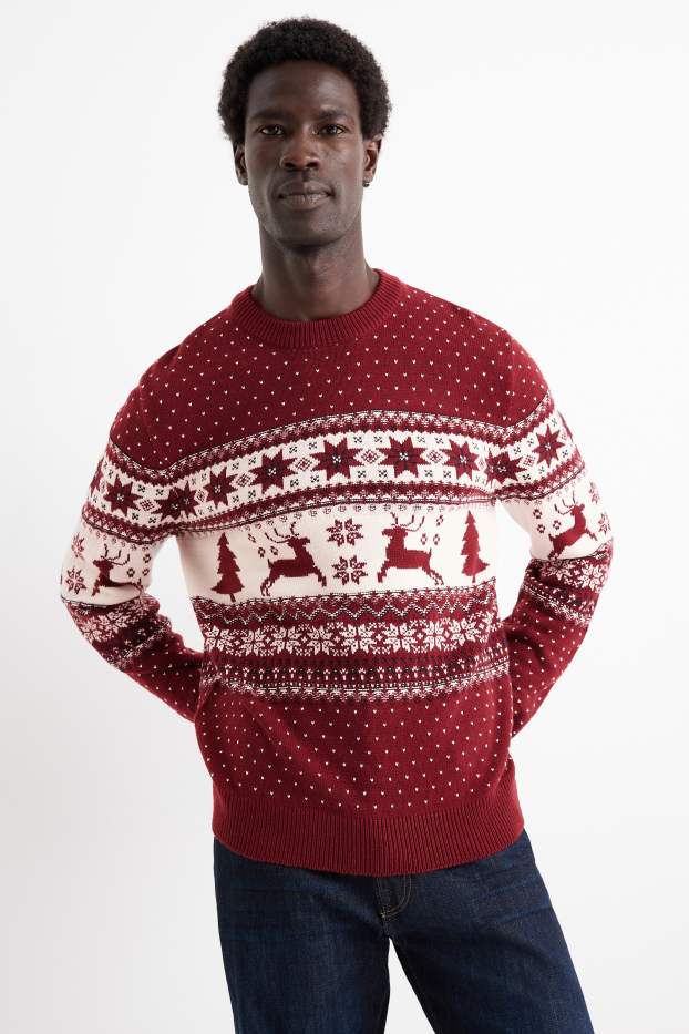 Uomo - Maglione natalizio - renna - rosso scuro