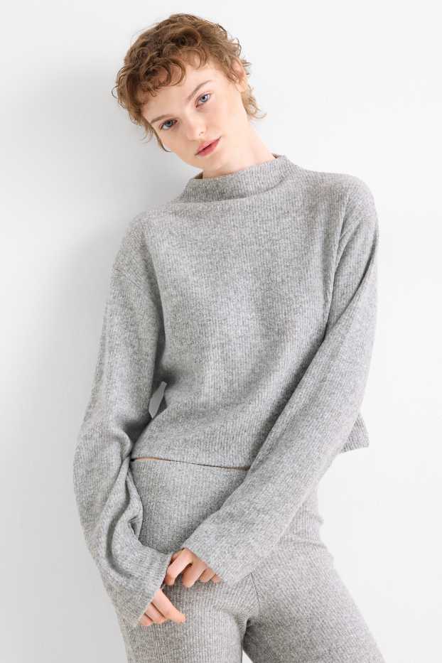 Femmes - Haut à manches longues - regular fit - côtelé - gris clair chiné