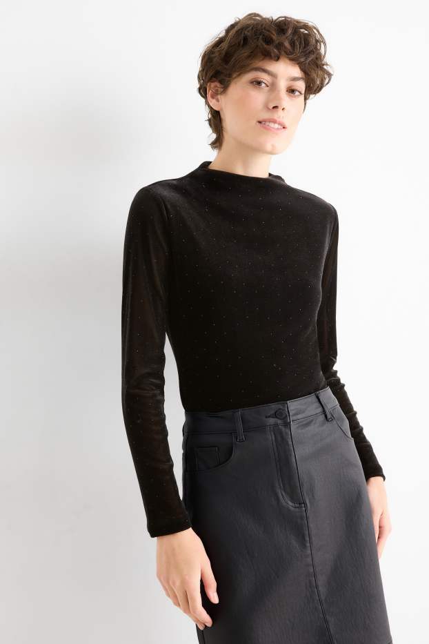 Femmes - Haut à manches longues en velours orné de pierres de strass - regular fit - noir