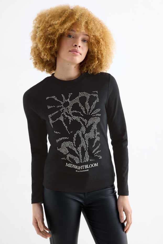 Damen - Langarmshirt mit Strasssteinen - Regular Fit - schwarz