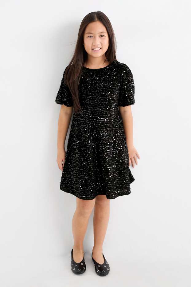 Kinder Mädchen - Samt-Pailletten-Kleid - schwarz