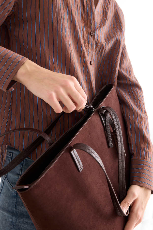 Damen - Großer Shopper - Velourslederimitat - dunkelbraun