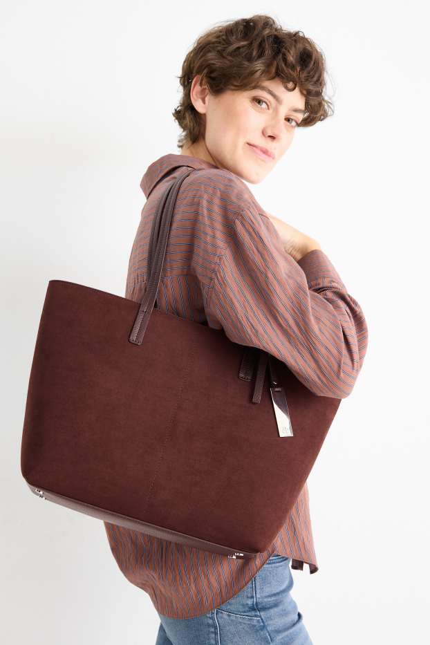 Damen - Großer Shopper - Velourslederimitat - dunkelbraun
