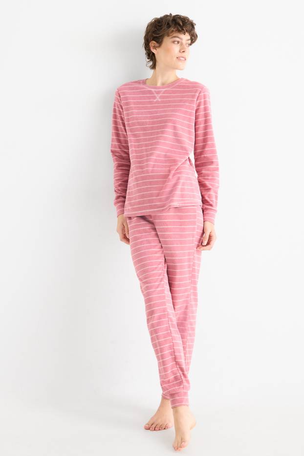 Dámské - Fleecové pyžamo - pruhované - růžová