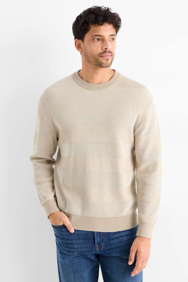 Pánské - Svetr - pruhovaný - strukturovaný - světle béžová