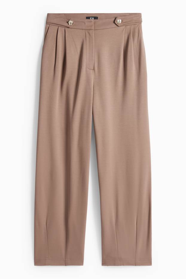 Dámské - Žerzejové kalhoty - high waist - barrel leg - světle hnědá