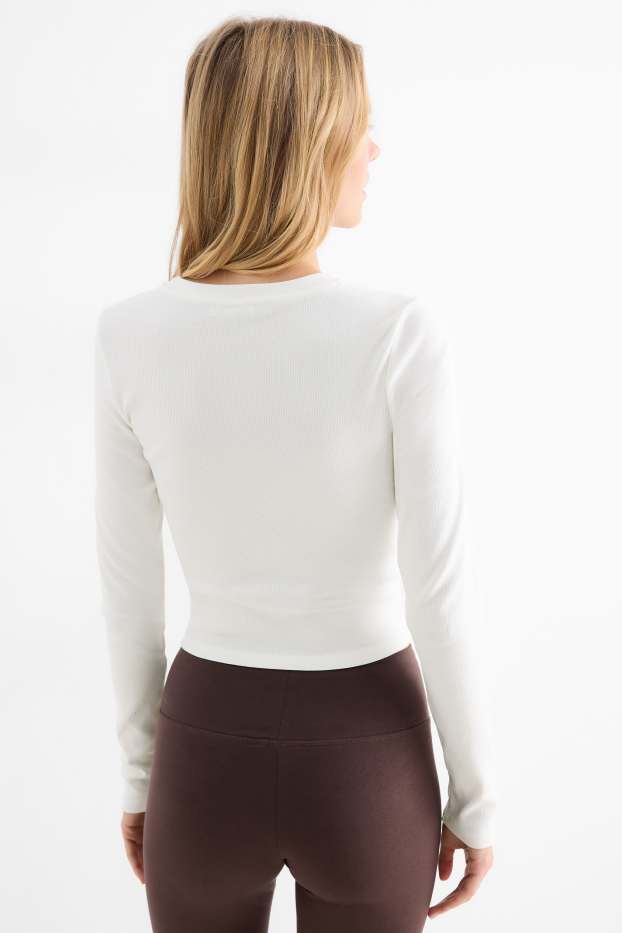 Femei - Tricou crop cu mânecă lungă - slim fit - reiat - alb-crem