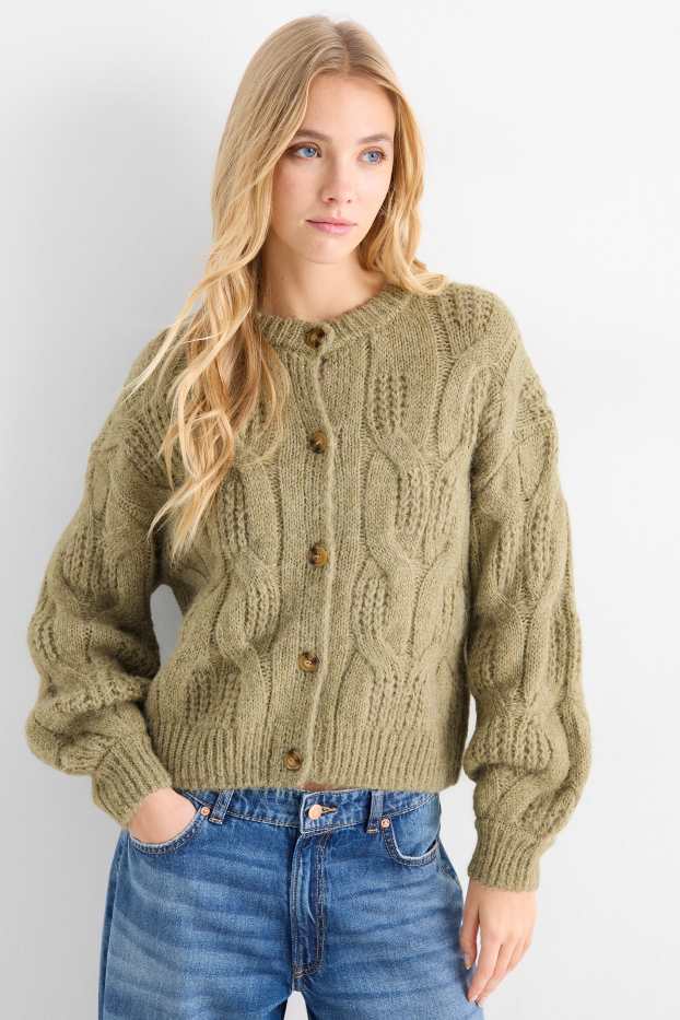 Dámské - Pletený kardigan - s copánkovým vzorem - světle zelená