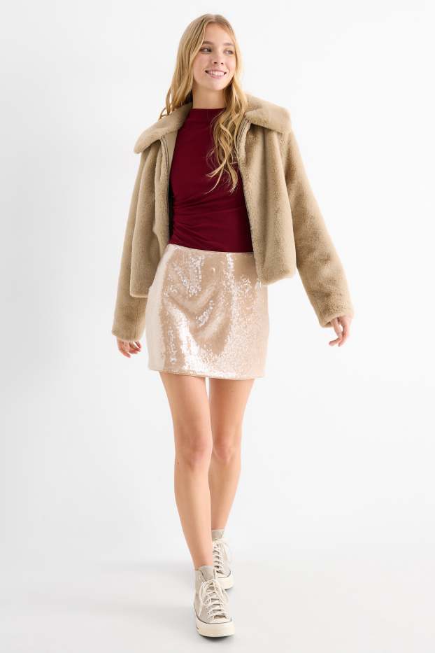 Damen - Pailletten-Minirock - beige