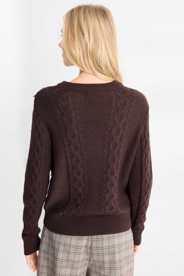 Women - Jumper - cable knit pattern - dark brown