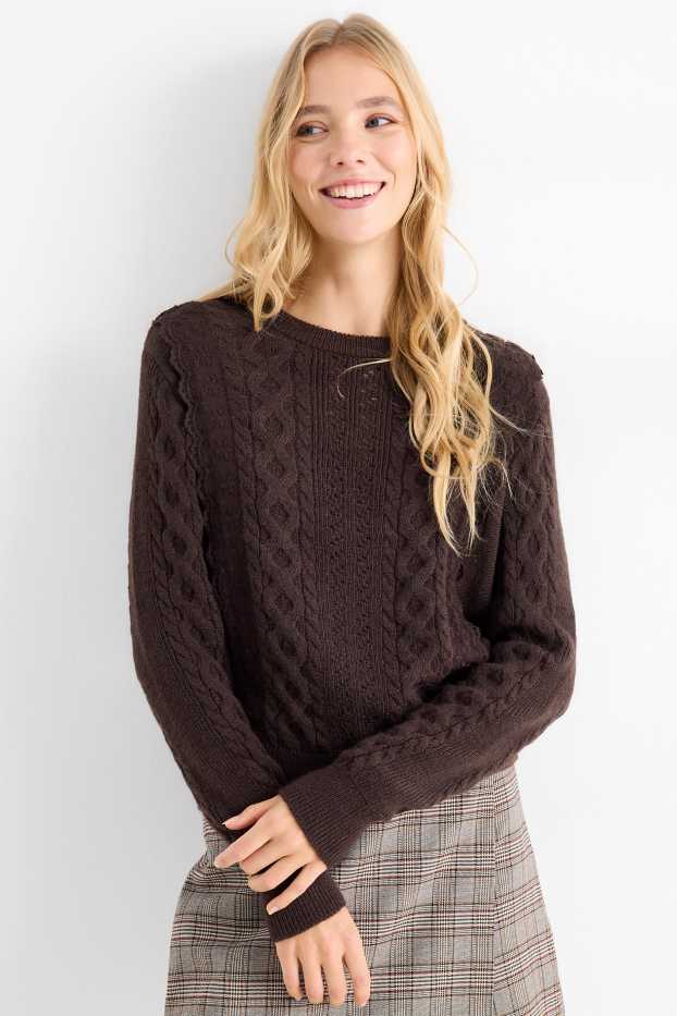 Women - Jumper - cable knit pattern - dark brown