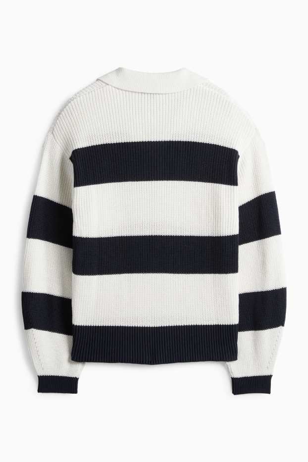 Dámské - Svetr s výstřihem ve tvaru V - žebrovaný - pruhovaný - bílá/černá