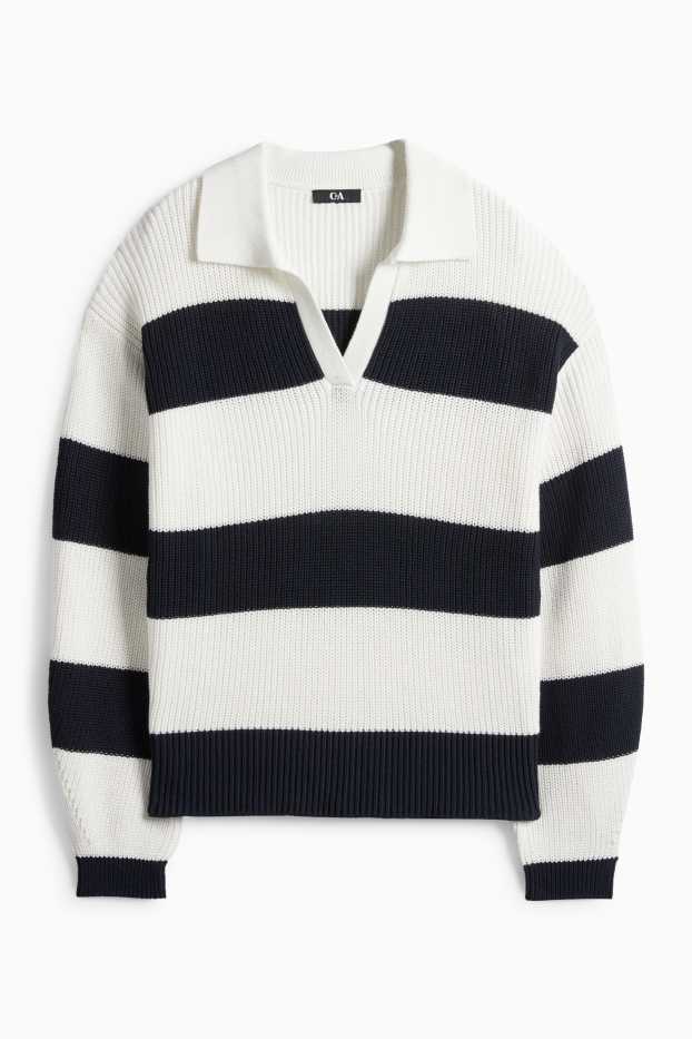 Dámské - Svetr s výstřihem ve tvaru V - žebrovaný - pruhovaný - bílá/černá