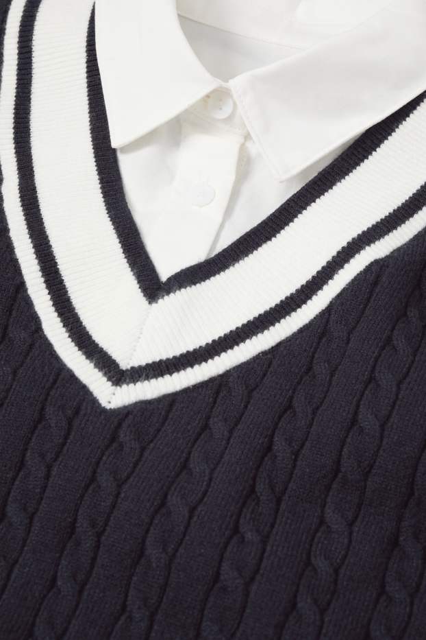 Women - Jumper - 2-in-1 look - cable knit pattern - dark blue