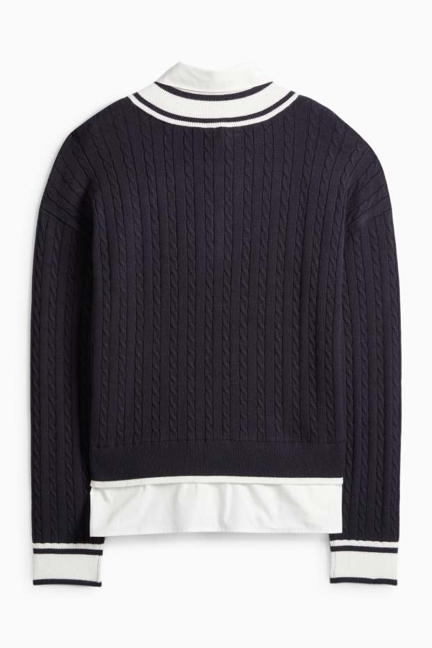 Women - Jumper - 2-in-1 look - cable knit pattern - dark blue