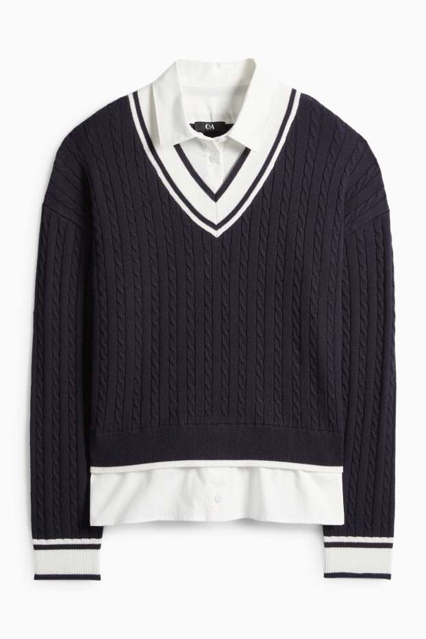 Women - Jumper - 2-in-1 look - cable knit pattern - dark blue