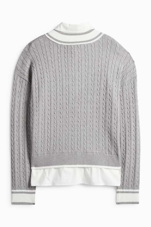 Women - Jumper - 2-in-1 look - cable knit pattern - light gray-melange