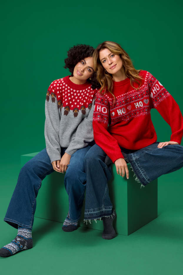 Donna - Maglione natalizio - HoHoHo - rosso