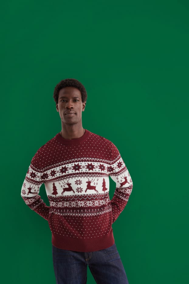 Men - Christmas jumper - reindeer - dark red