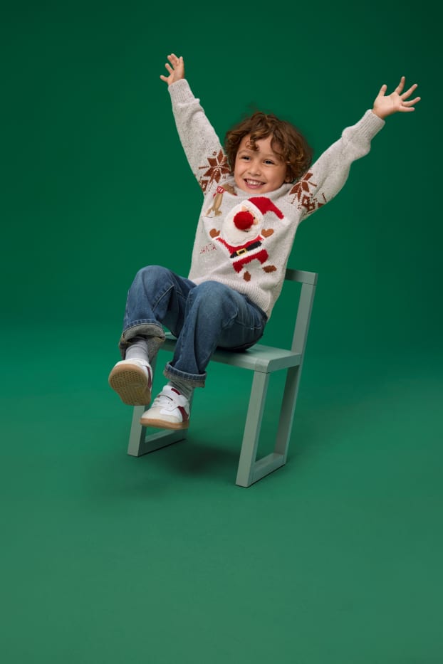 Děti - chlapci - Motiv Santa Clause a soba - vánoční svetr - bílá-žíhaná