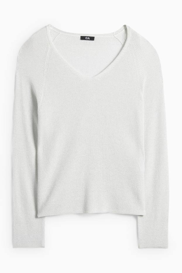 Femei - Pulover cu decolteu în V - alb ca zăpada