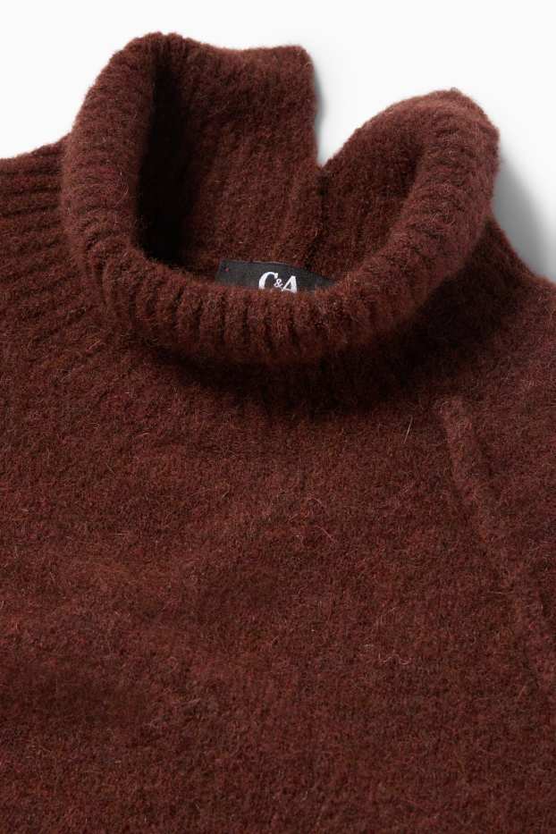Dámské - Svetr se stojáčkem - směs alpakové vlny - tmavohnědá
