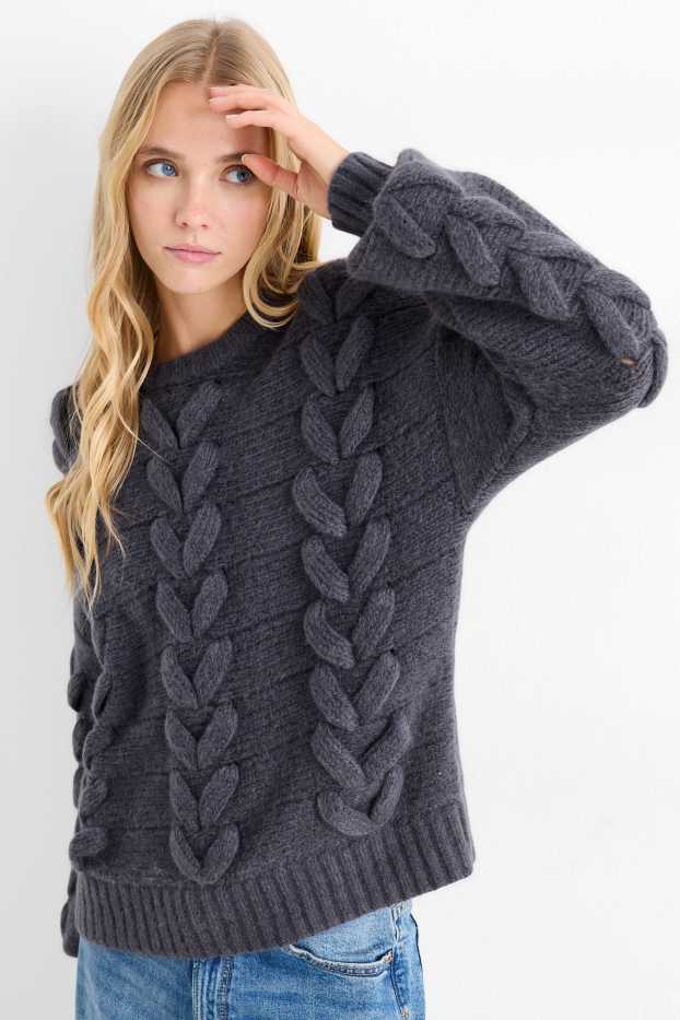 Women - Jumper - cable knit pattern - dark blue